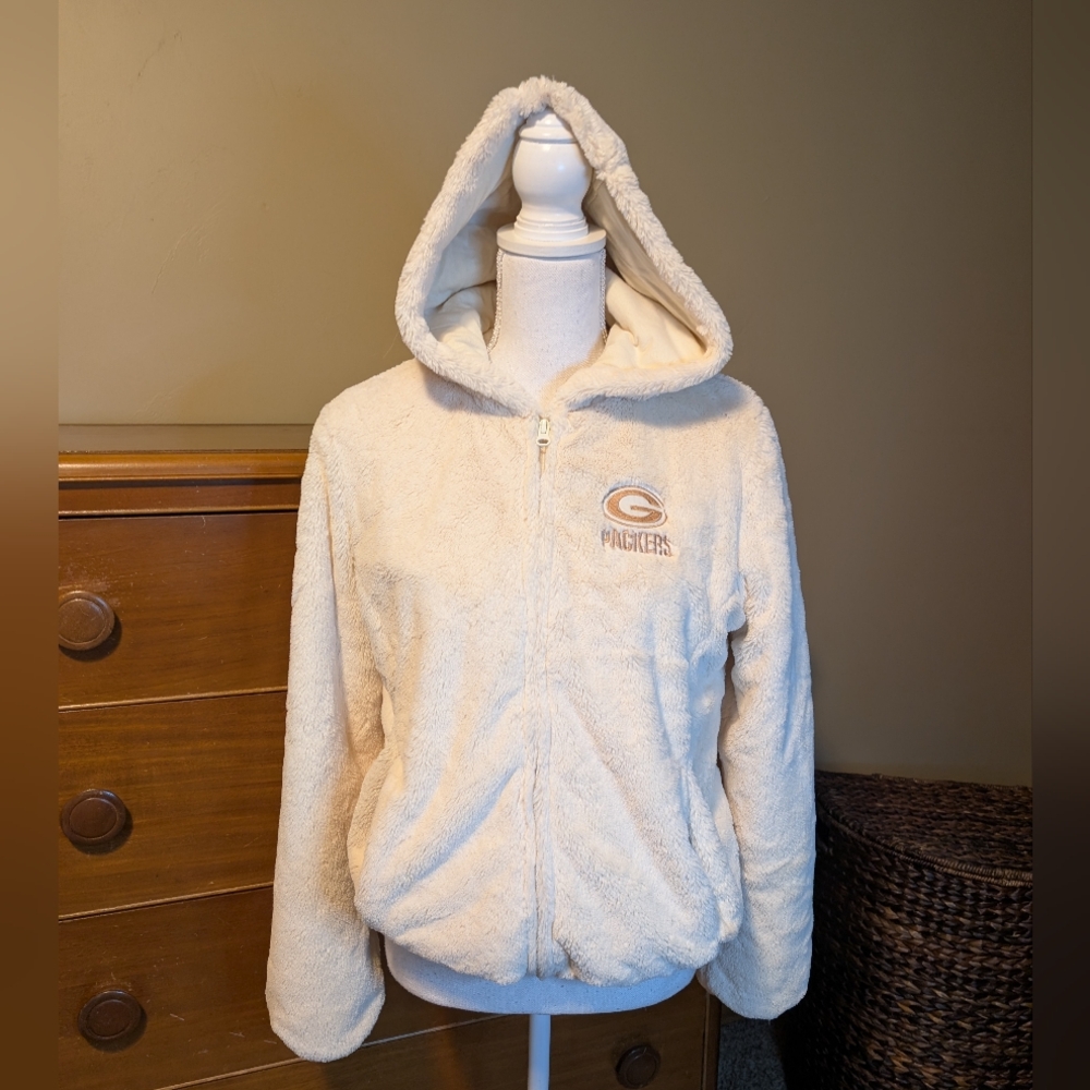 Womens NFL GREEN BAY PACKER Full Zip Logo Cream Faux Fur Jacket SZ M - Picture 2 of 14